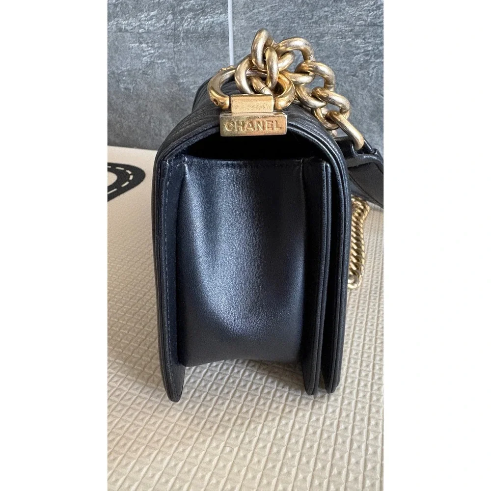 Chanel Boy Bag Old Medium Black Quilted Lambskin Aged Gold Hardware